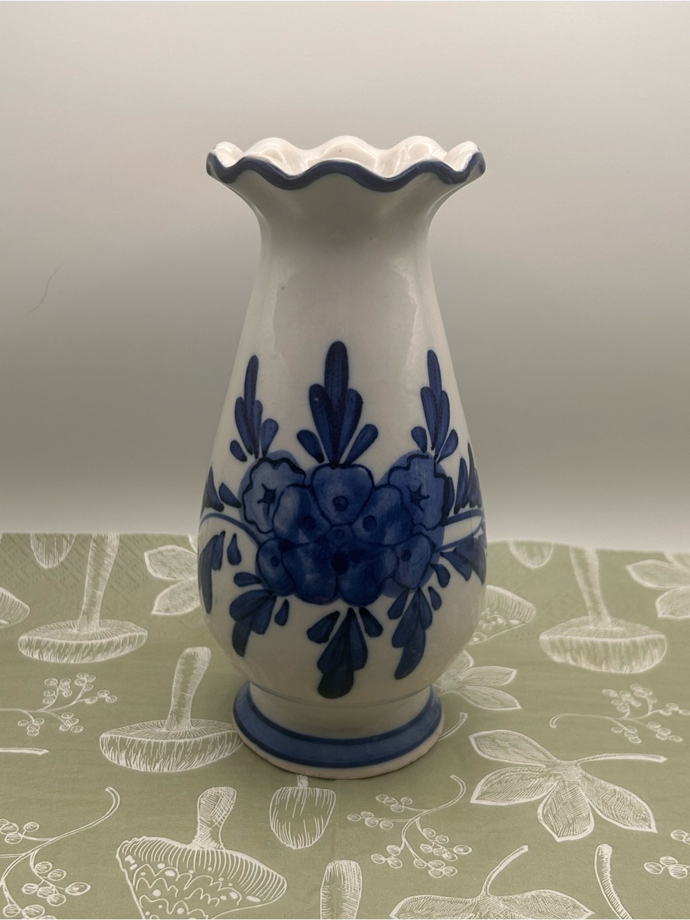 Vintage Delft Blue Vase Hand Painted Dutch Windmill Floral Vase Ruffled Rim Blue